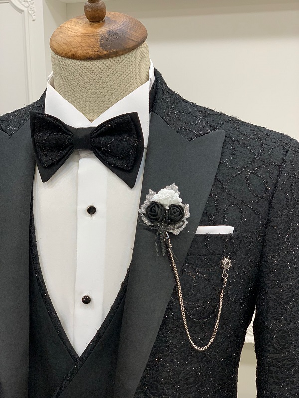 Black Slim Fit Groom Floral Tuxedo for Men by