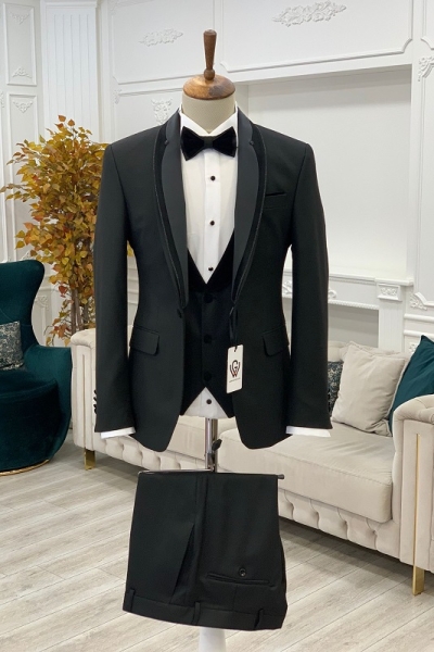 Black Slim Fit Three Piece Shawl Lapel Wedding Groom Tuxedo Suit for Men by GentWith.com with Free Worldwide Shipping