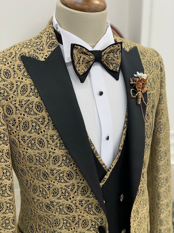 Gold Slim Fit Three Piece Peak Lapel Wedding Groom Tuxedo Suit for Men by GentWith.com with Free Worldwide Shipping