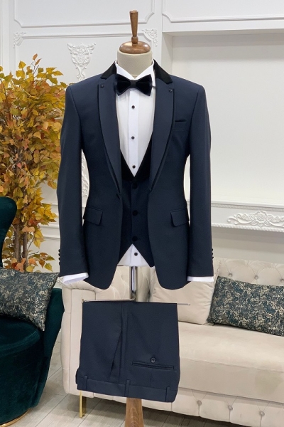 Navy Blue Slim Fit Three Piece Notch Lapel Wedding Groom Tuxedo Suit for Men by GentWith.com with Free Worldwide Shipping