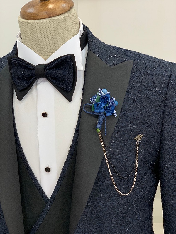 Navy Blue Slim Fit Groom Floral Tuxedo for Men by GentWith.com