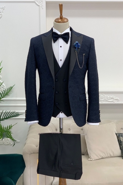 Navy Blue Slim Fit Three Piece Peak Lapel Wedding Groom Tuxedo Suit for Men by GentWith.com with Free Worldwide Shipping