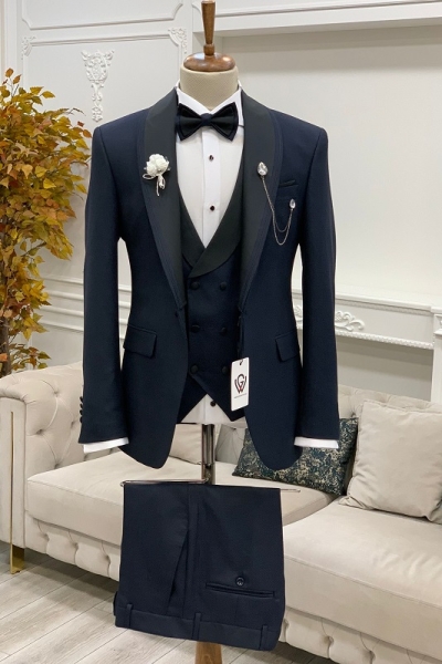 Navy Blue Slim Fit Three Piece Shawl Lapel Wedding Groom Tuxedo Suit for Men by GentWith.com with Free Worldwide Shipping