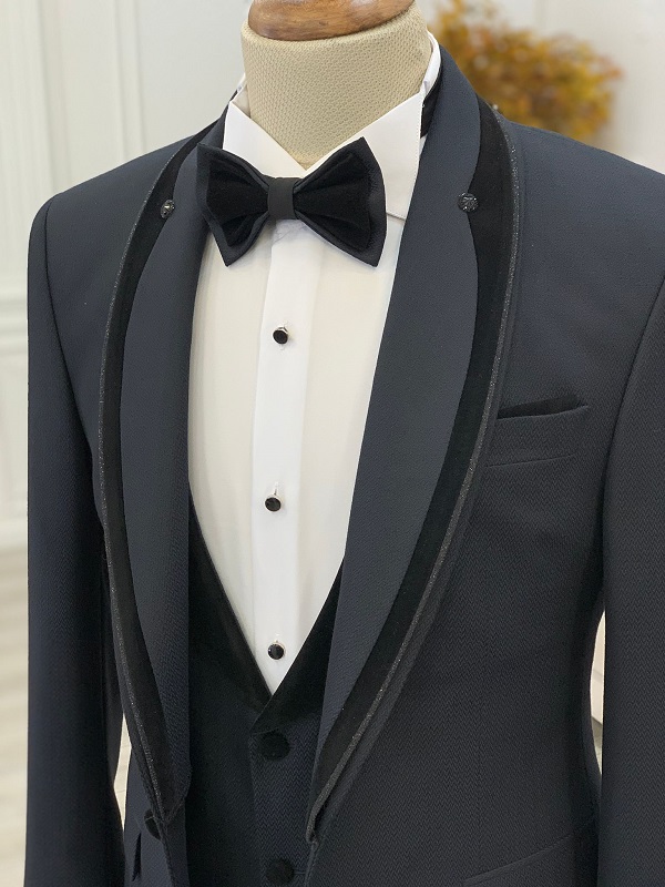 Navy Blue Slim Fit Three Piece Shawl Lapel Wedding Groom Tuxedo Suit for Men by GentWith.com with Free Worldwide Shipping