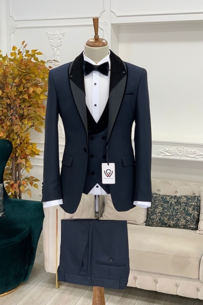 Navy Blue Slim Fit Three Piece Shawl Lapel Wedding Groom Tuxedo Suit for Men by GentWith.com with Free Worldwide Shipping