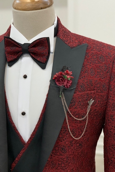 Burgundy Slim Fit Three Piece Peak Lapel Wedding Groom Tuxedo Suit for Men by GentWith.com with Free Worldwide Shipping