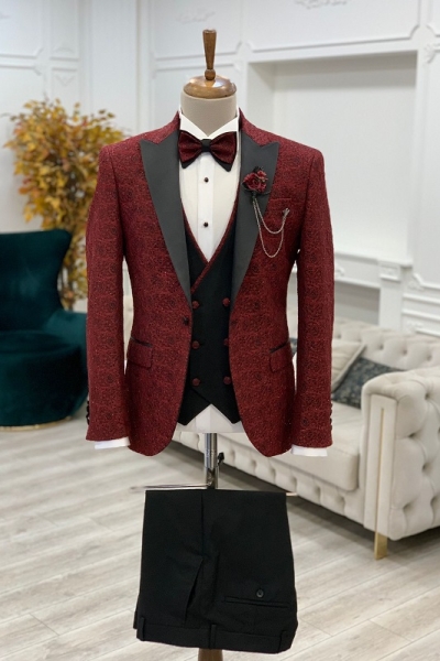 Burgundy Slim Fit Three Piece Peak Lapel Wedding Groom Tuxedo Suit for Men by GentWith.com with Free Worldwide Shipping