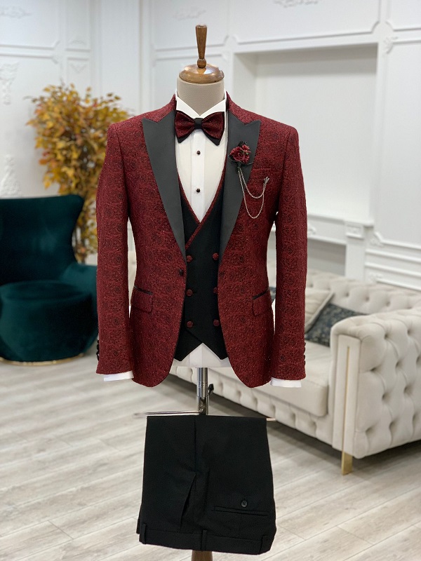 Red Tapestry Floral Slim Fit Tuxedo Jacket