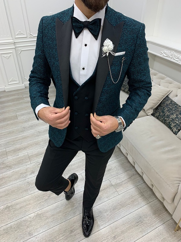 Teal Green Slim Fit Groom Floral Tuxedo for Men by GentWith.com