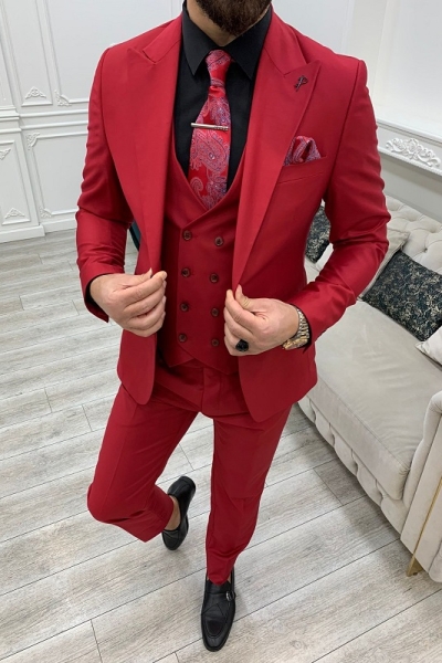 Red Slim Fit Peak Lapel Groom Suit for Men by GentWith.com with Free Worldwide Shipping