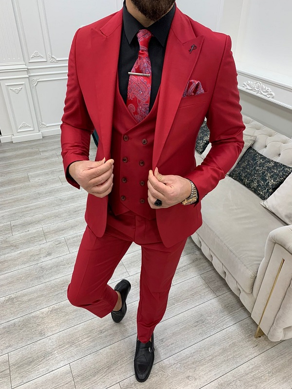 Red Slim Fit Peak Lapel Groom Suit for Men by GentWith.com with Free Worldwide Shipping