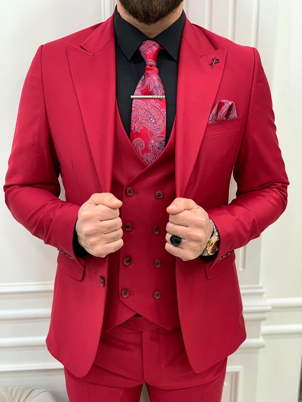 Red Slim Fit Peak Lapel Groom Suit for Men by GentWith.com with Free Worldwide Shipping