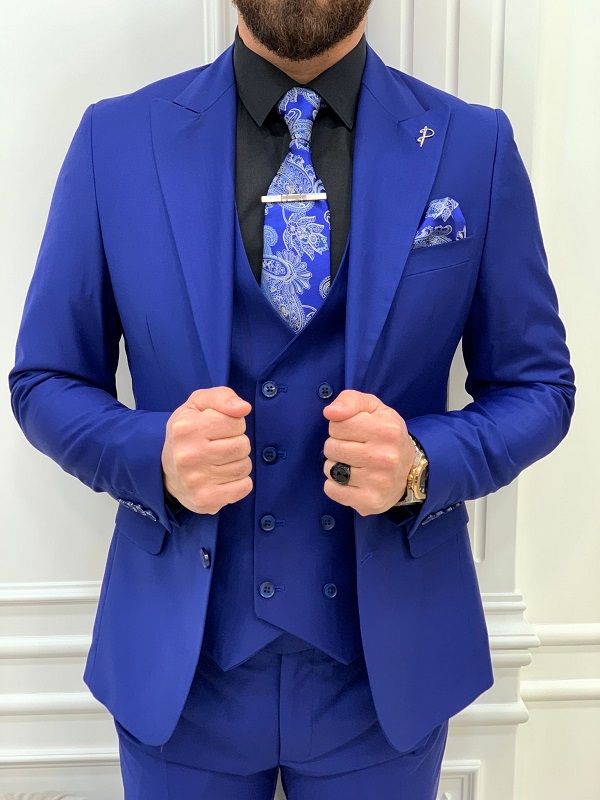 Mens Slim Fit Vested Royal Blue Suit