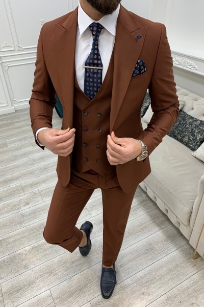 Rust Brown Slim Fit Peak Lapel Groom Suit for Men by GentWith.com with Free Worldwide Shipping