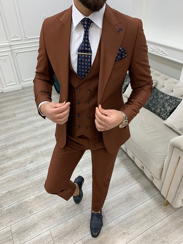 Rust Brown Slim Fit Peak Lapel Groom Suit for Men by GentWith.com with Free Worldwide Shipping