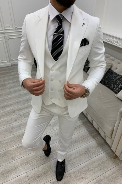 White Slim Fit Peak Lapel Groom Suit for Men by GentWith.com with Free Worldwide Shipping