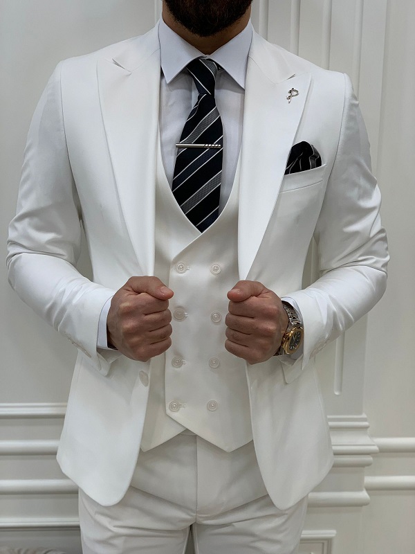 White Slim Fit Peak Lapel Groom Suit for Men by GentWith.com with Free Worldwide Shipping
