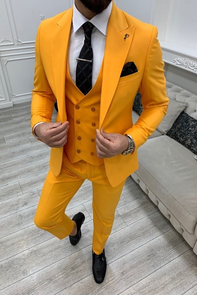 Yellow Slim Fit Peak Lapel Groom Suit for Men by GentWith.com with Free Worldwide Shipping