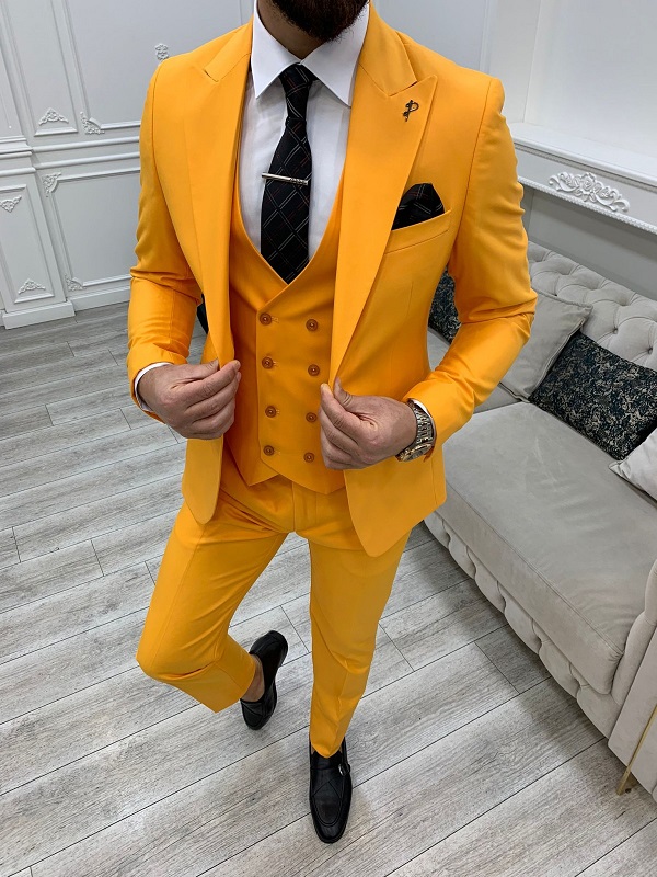 Yellow Slim Fit Peak Lapel Groom Suit for Men by GentWith.com with Free Worldwide Shipping