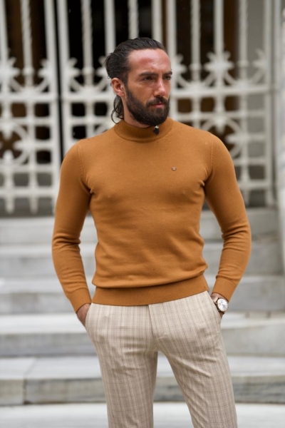 Camel Slim Fit Mock Turtleneck Sweater for Men by GentWith.com with Free Worldwide Shipping