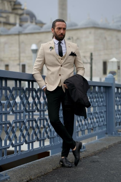 Beige Slim Fit 3 Piece Peak Lapel Wedding Groom Blazer Jacket for Men by GentWith.com with Free Worldwide Shipping