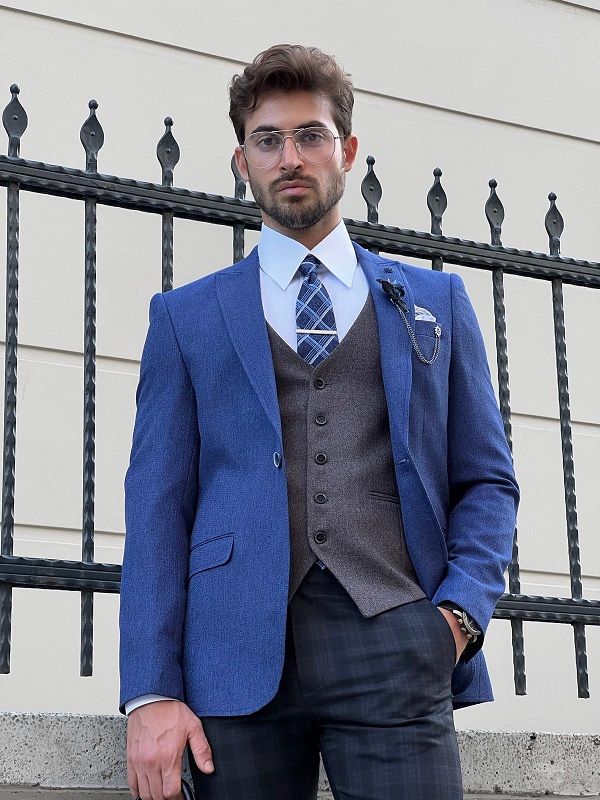 GentWith Naperville Blue Slim Fit Peak Lapel Combination Suit - GENT WITH