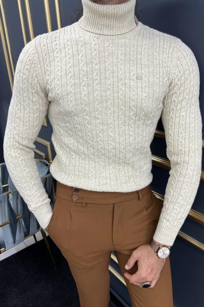 Beige Slim Fit Turtleneck Striped Sweater for Men by GentWith.com with Free Worldwide Shipping