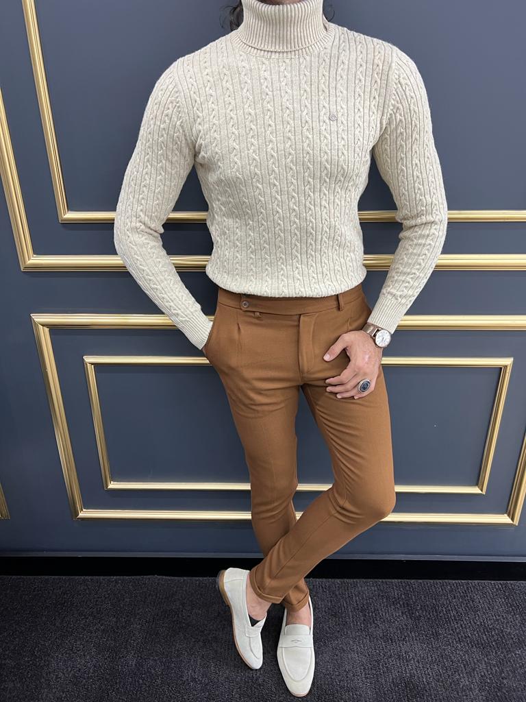 Mens De Niko Beige Turtleneck Sweater with Black Stripes