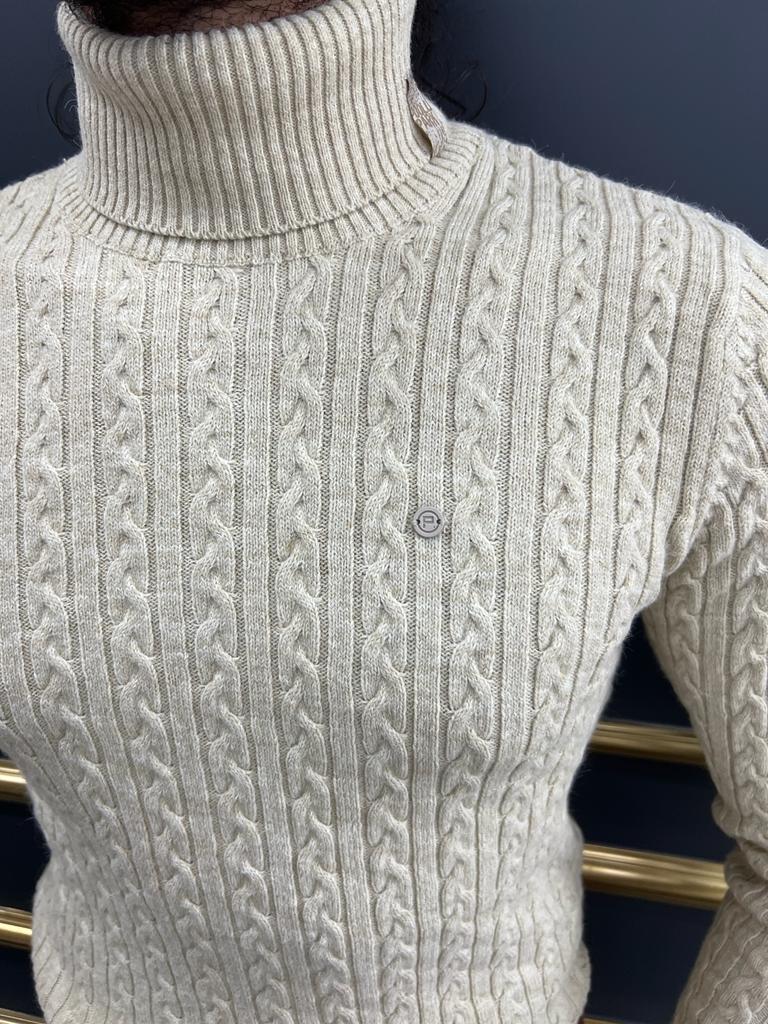 Beige Slim Fit Turtleneck Striped Sweater for Men by GentWith.com with Free Worldwide Shipping