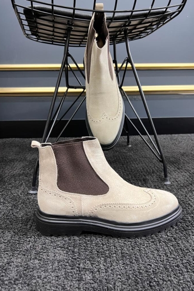 Beige Wedding Groom Suede Leather Wing Tip Chelsea Boots for Men by GentWith.com with Free Worldwide Shipping