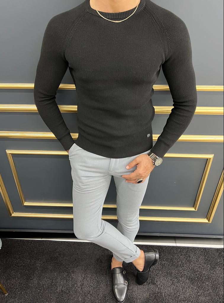 Black Slim Fit Crewneck Sweater for Men by GentWith.com with Free Worldwide Shipping