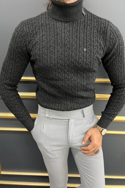 Black Slim Fit Turtleneck Striped Sweater for Men by GentWith.com with Free Worldwide Shipping