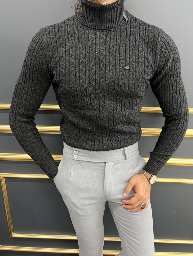 Black Slim Fit Turtleneck Striped Sweater for Men by GentWith.com with Free Worldwide Shipping