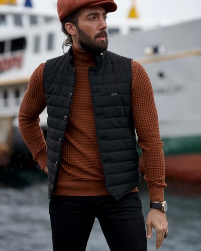 Black Slim Fit Puffer Vest for Men by GentWith.com with Free Worldwide Shipping