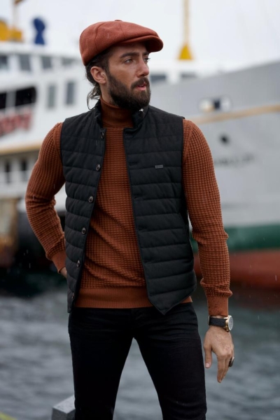 Black Slim Fit Puffer Vest for Men by GentWith.com with Free Worldwide Shipping