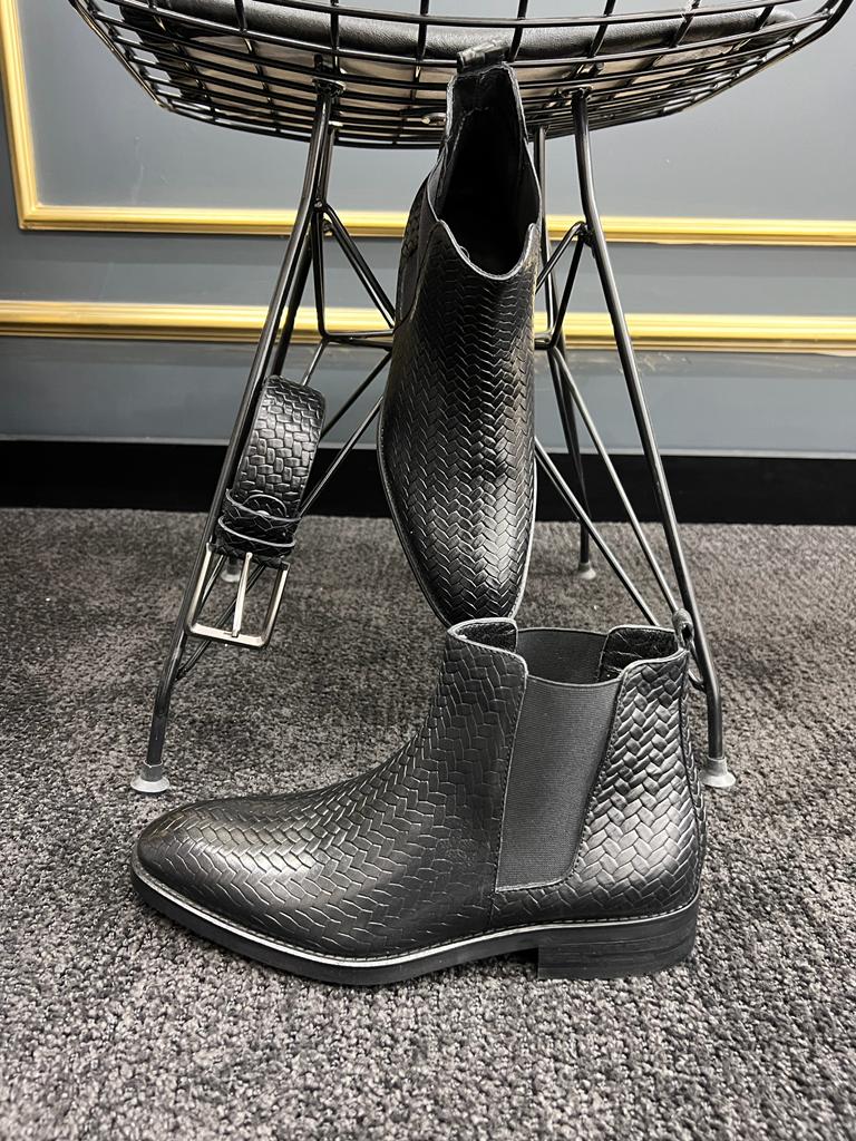 Black Woven Pattern Chelsea Boots Men GentWith.com