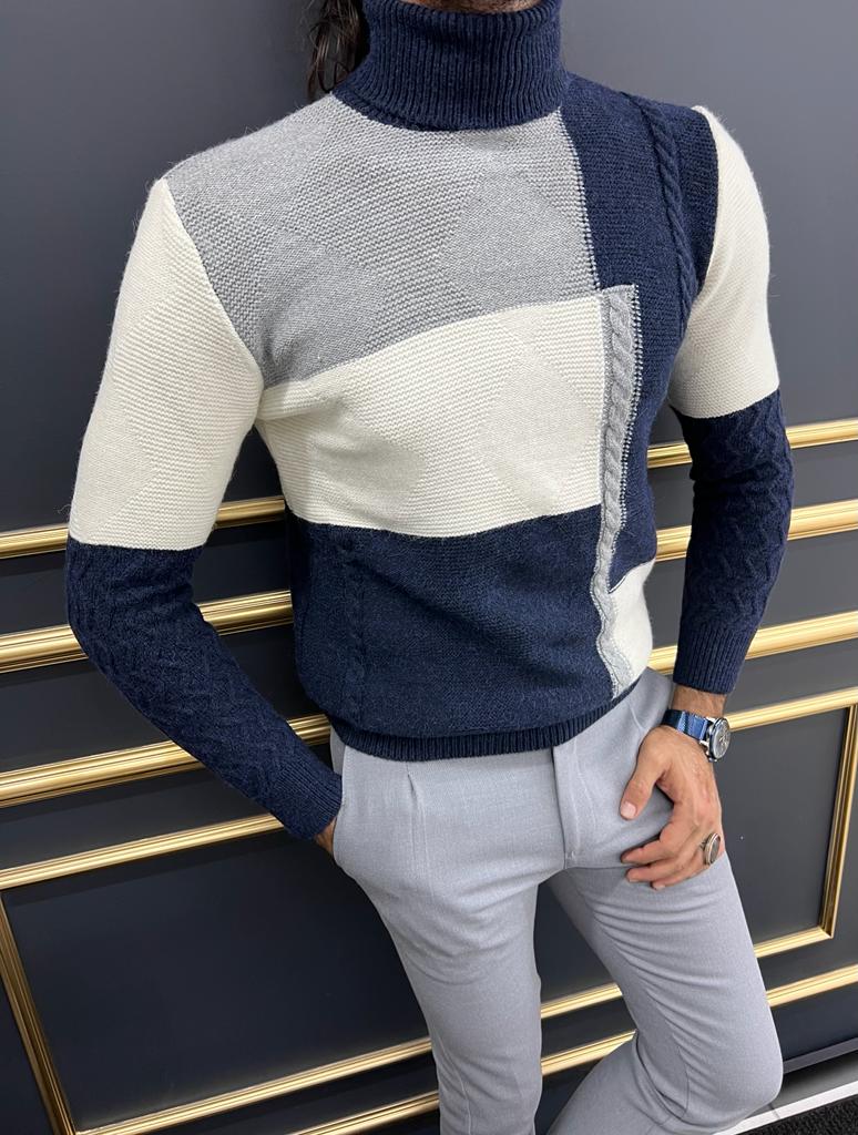 Blue Slim Fit Turtleneck Wool Sweater for Men | GentWith.com