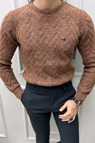 Brown Slim Fit Crewneck Patterned Sweater for Men by GentWith.com with Free Worldwide Shipping