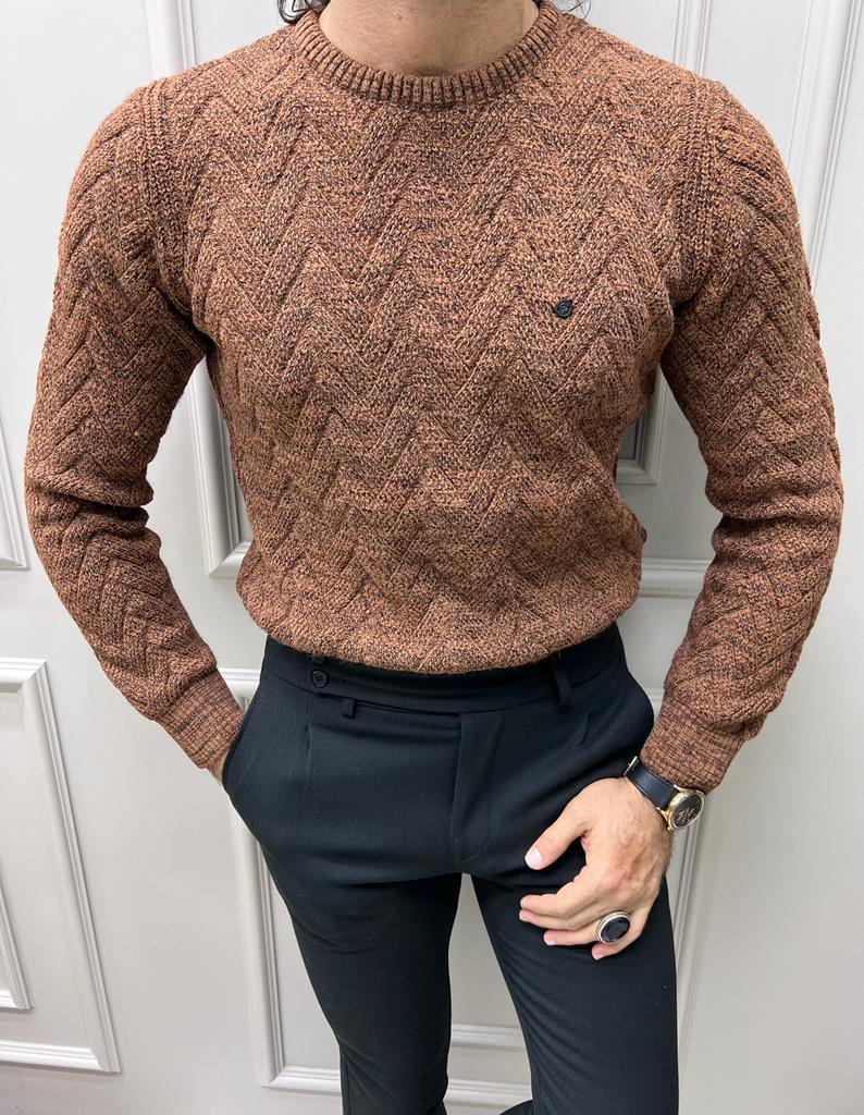 Brown Slim Fit Crewneck Patterned Sweater for Men by GentWith.com with Free Worldwide Shipping