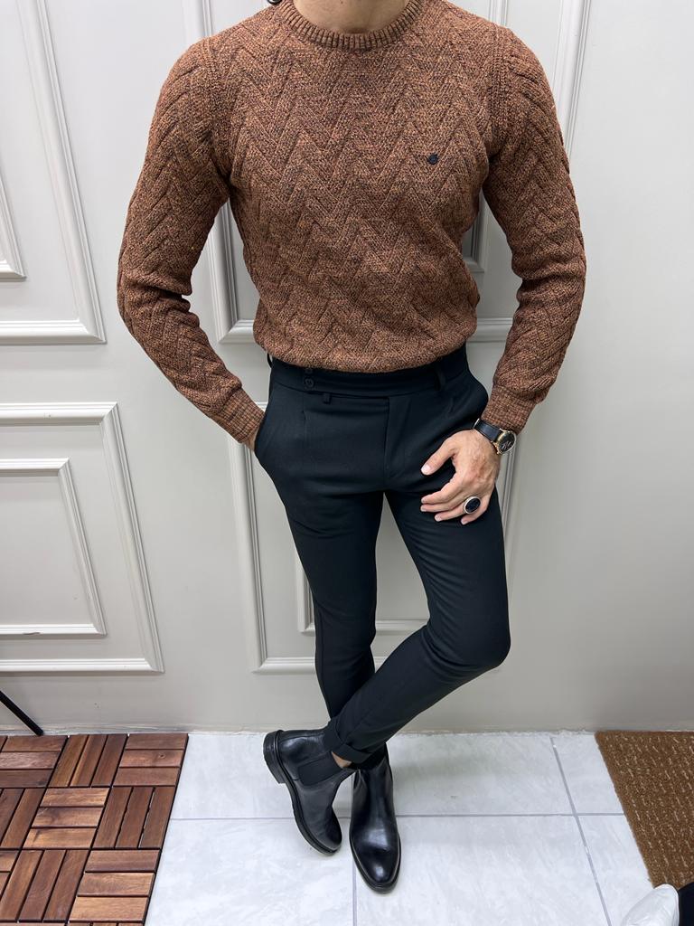 Brown Slim Fit Crewneck Patterned Sweater for Men by GentWith.com with Free Worldwide Shipping