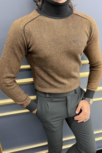 Brown Slim Fit Turtleneck Sweater for Men by GentWith.com with Free Worldwide Shipping