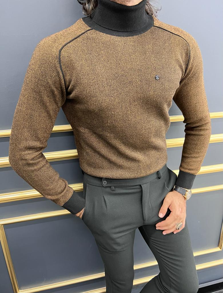 Brown Slim Fit Turtleneck Sweater For Men