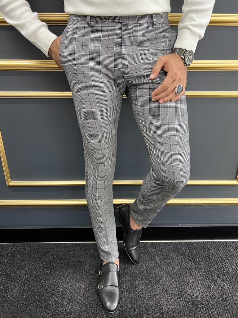 Gray Black Slim Fit Plaid Pants for Men by GentWith.com with Free Worldwide Shipping