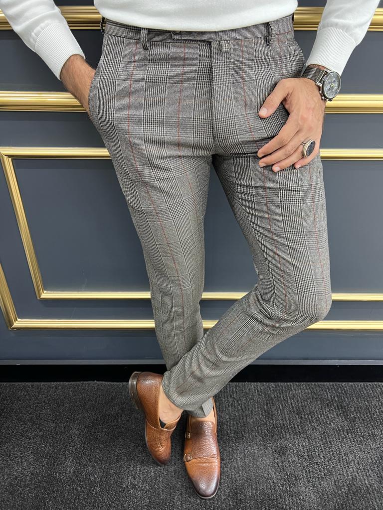 Gray Burgundy Slim Fit Plaid Pants for Men by GentWith.com with Free Worldwide Shipping