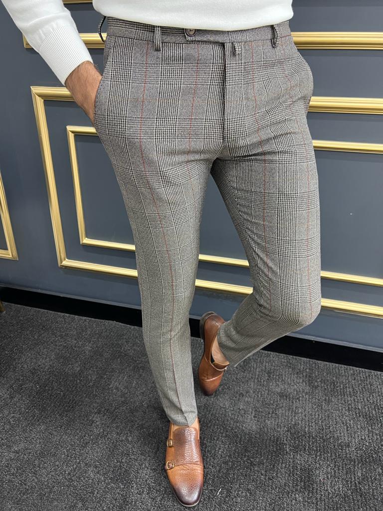 GentWith Sioux Gray Burgundy Slim Fit Plaid Pants 
