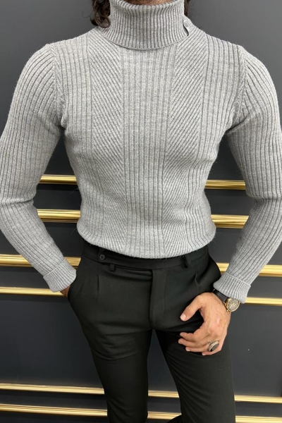 Gray Slim Fit Turtleneck Sweater for Men by GentWith.com with Free Worldwide Shipping