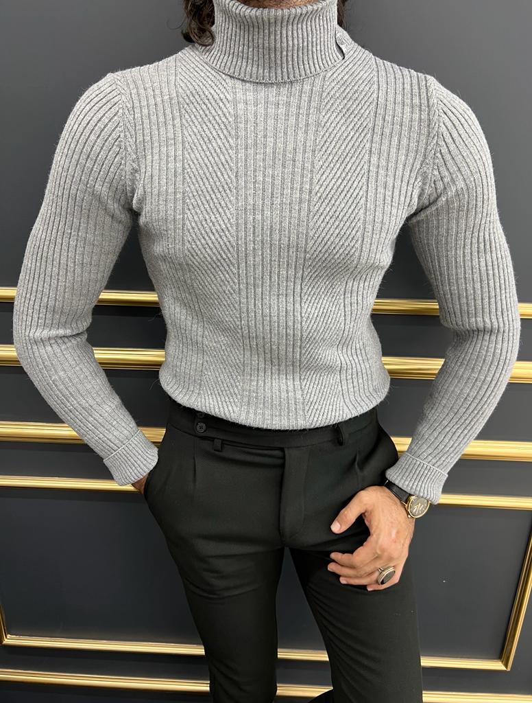 GentWith Sioux Gray Slim Fit Turtleneck Striped Sweater 