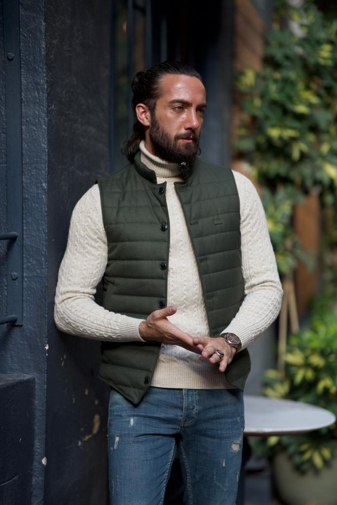 Green Slim Fit Puffer Vest for Men by GentWith.com with Free Worldwide Shipping