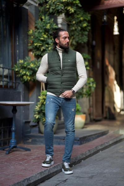 Green Slim Fit Puffer Vest for Men by GentWith.com with Free Worldwide Shipping