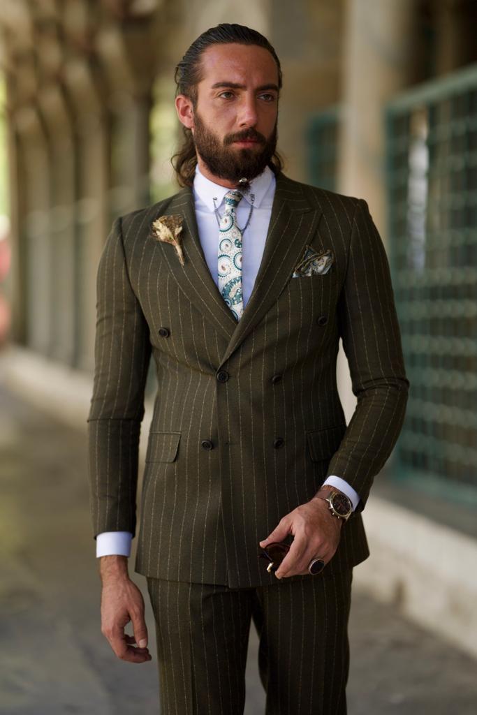 khaki pinstripe suit